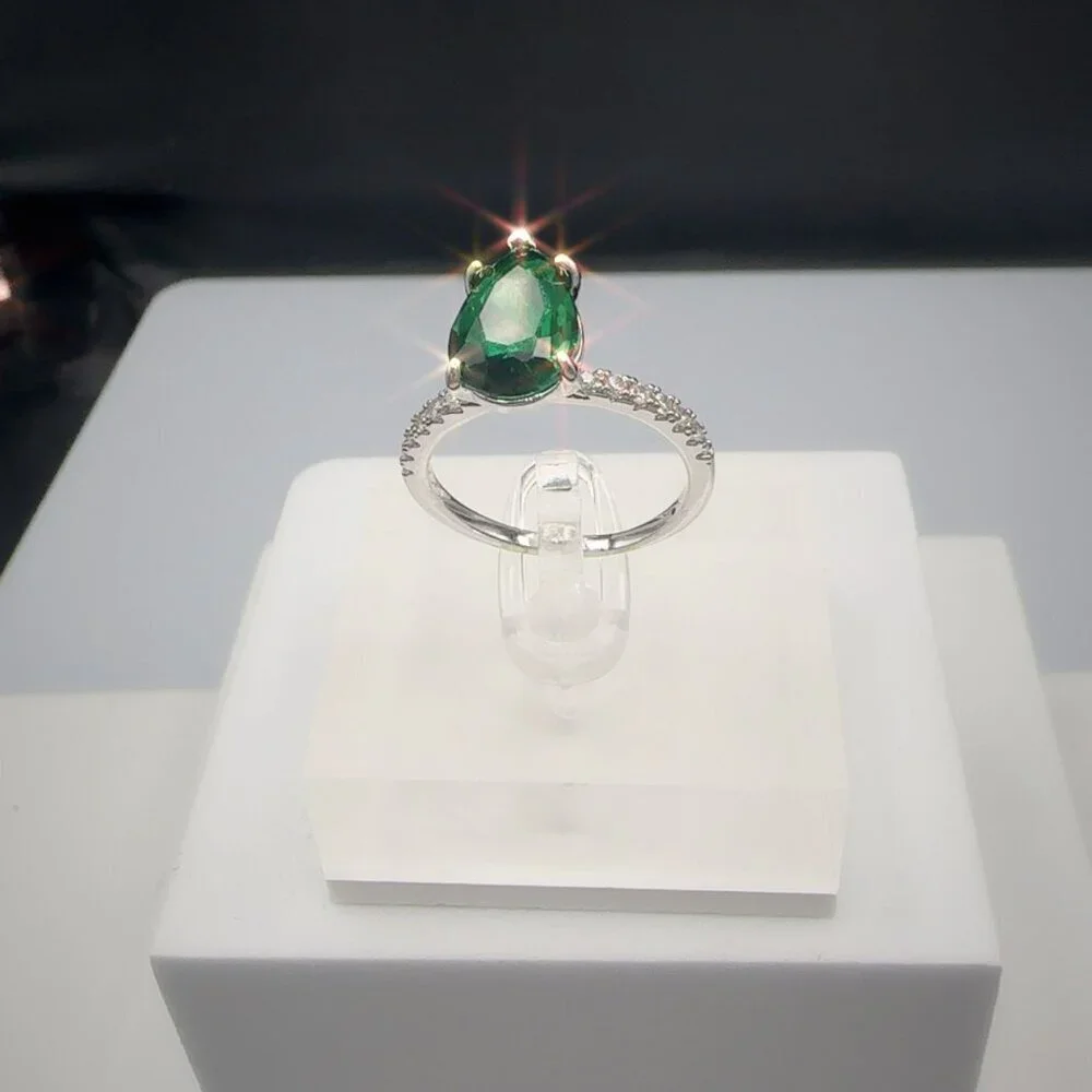 Sterling Silver Ring With Pear-Cut Green Gemstone & Pave Accent Stones